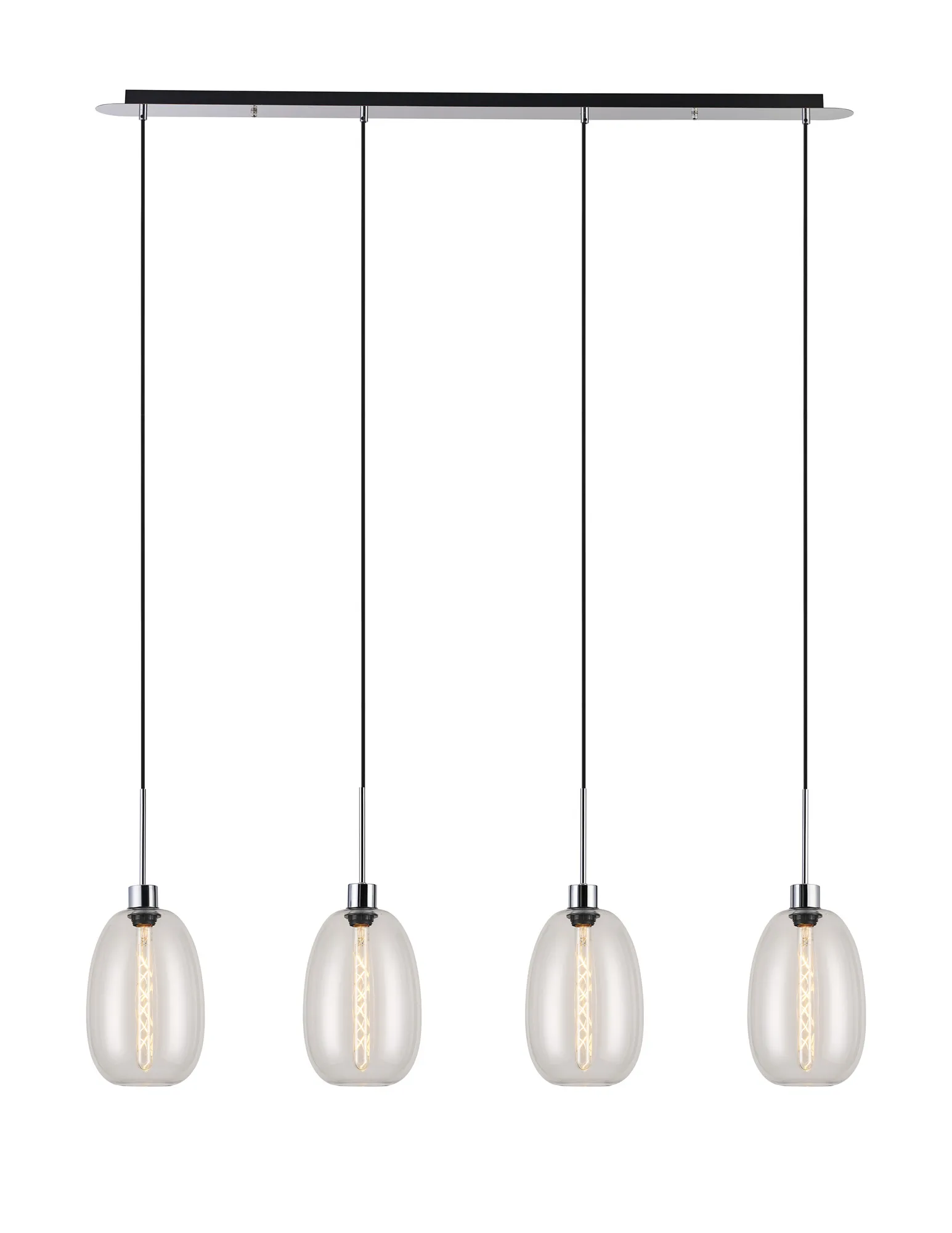 DK1317  Lori Linear Pendant, 4 Light Adjustable E27, Polished Chrome/Clear Slim Curved Trapezium Shades